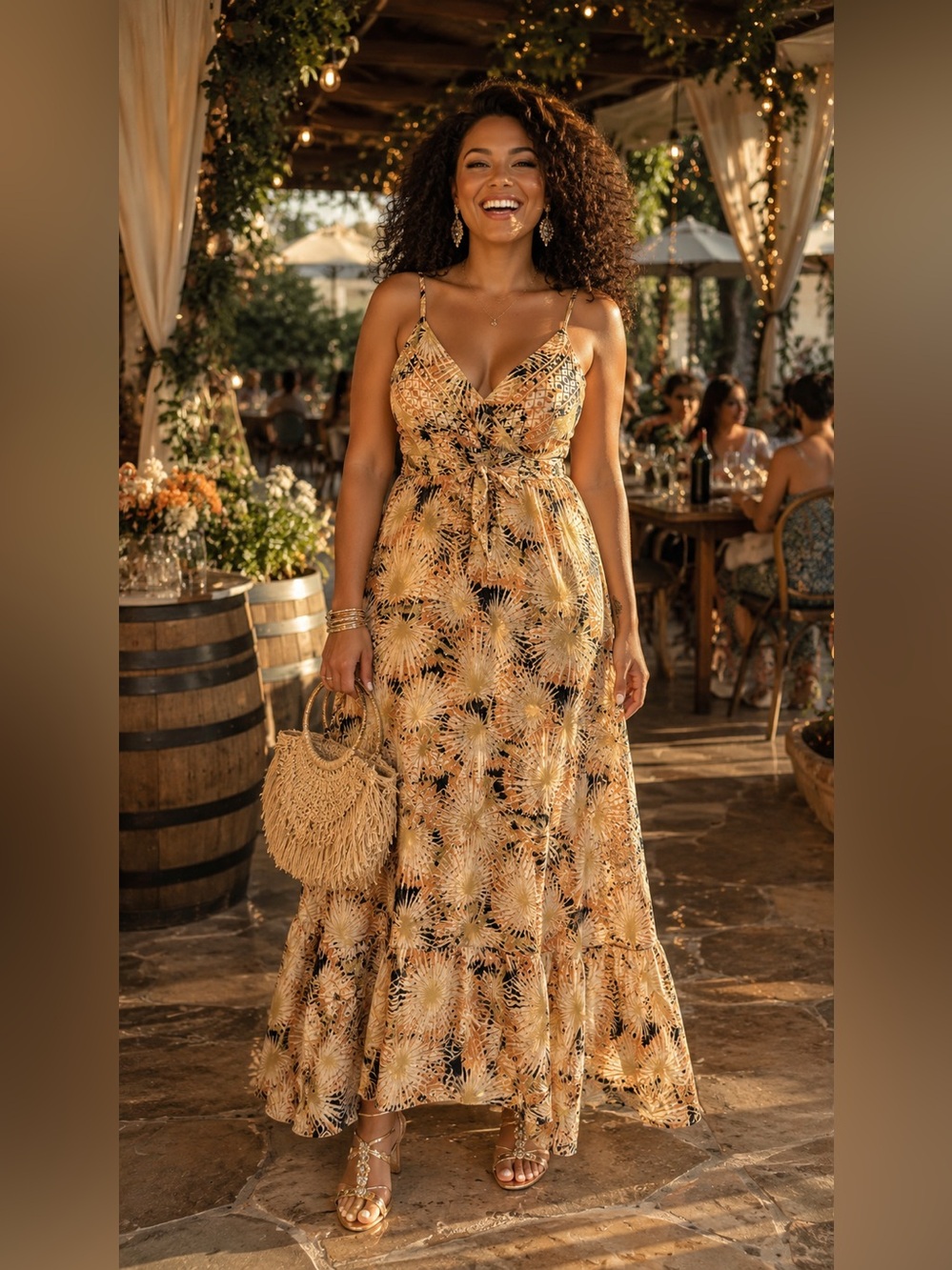 NWT Golden Mirage Vanilla Peach Palm Maxi Dress
